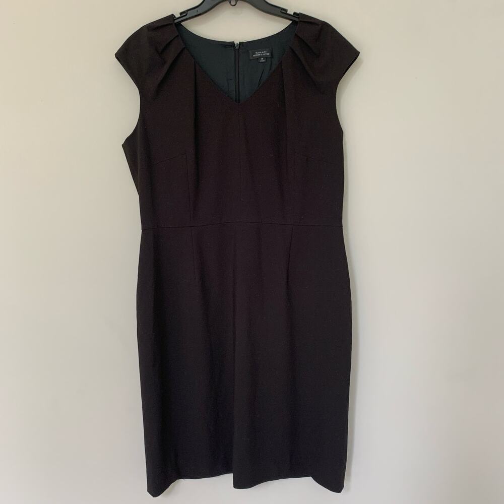 Tahari ASL black sheath midi dress sleeveless V neck fully lined back zip 14